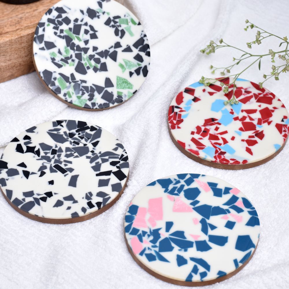Handmade Terrazzo Multicolor Round Resin Set of 4 Decorative Table Coasters